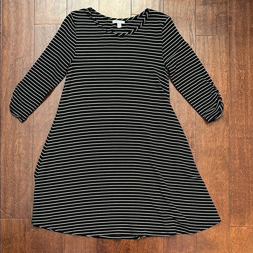 Garnet Hill Black and White Breton Striped A-Line Dress, 3/4 Sleeves, Size XS